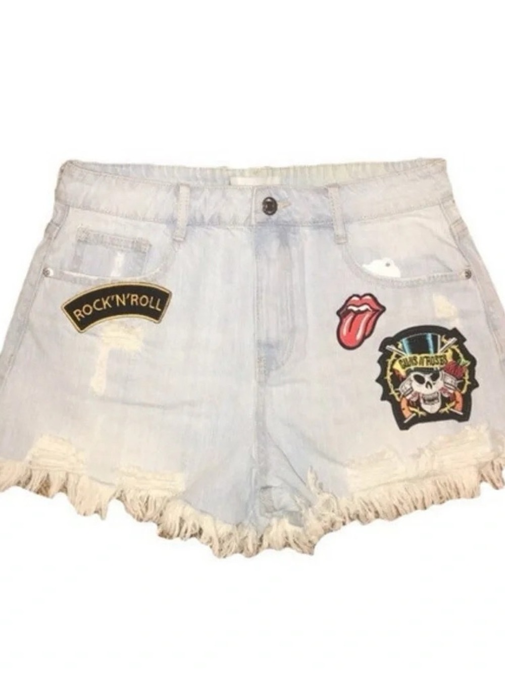 Light Wash Patchwork Fringe Denim Shorts - White